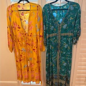 Floral Long Sleeve Dresses - Yellow and Teal